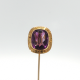 Antique c.1900 Vintage Amethyst Stick Pin with 14 Karat Yellow Gold Engraved Frame