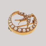Antique c.1900 14K Gold Crescent Pearl & Bird Pin