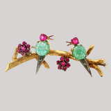 Vintage c.1950 18K Gold Emerald, Ruby & Diamond Birds on a Branch Pin