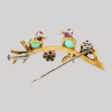 Vintage c.1950 18K Gold Emerald, Ruby & Diamond Birds on a Branch Pin