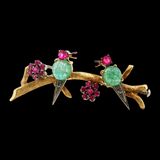 Vintage c.1950 18K Gold Emerald, Ruby & Diamond Birds on a Branch Pin