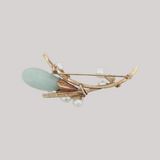 Vintage Mid-Century Light Green Jade and Pearl Brooch by Ming's of Honolulu