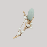 Vintage Mid-Century Light Green Jade and Pearl Brooch by Ming's of Honolulu