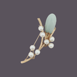 Vintage Mid-Century Light Green Jade and Pearl Brooch by Ming's of Honolulu
