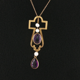 Antique c.1900 14 Karat Gold Amethyst & Pearl Cross Pendant on 17" chain