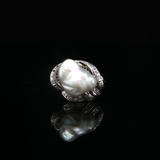 Vintage 18K White Gold Baroque Pearl & Diamond Statement Ring