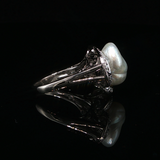 Vintage 18K White Gold Baroque Pearl & Diamond Statement Ring