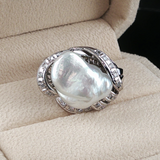 Vintage 18K White Gold Baroque Pearl & Diamond Statement Ring