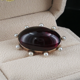 Antique c.1880  Carbuncle Garnet & Seed Pearl Brooch