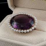 Antique c.1900 14K Yellow Gold Amethyst & Pearl Brooch