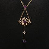 Antique c.1900 14K Yellow Gold Amethyst & Pearl Lavalier Necklace