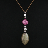 Antique c.1820  Gold Cat's-Eye Chrysoberyl & Pink Tourmaline Necklace with Pearls & Diamonds