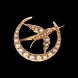 Antique c.1900 14K Gold Crescent Pearl & Bird Pin