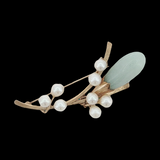 Vintage Mid-Century Light Green Jade and Pearl Brooch by Ming's of Honolulu