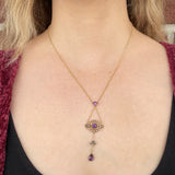 Antique c.1900 14K Yellow Gold Amethyst & Pearl Lavalier Necklace