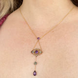 Antique c.1900 14K Yellow Gold Amethyst & Pearl Lavalier Necklace