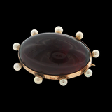Antique c.1880  Carbuncle Garnet & Seed Pearl Brooch