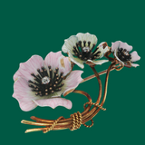 Antique c.1900 14K Gold Enamel Flower Pin with Mine-Cut Diamond Centers